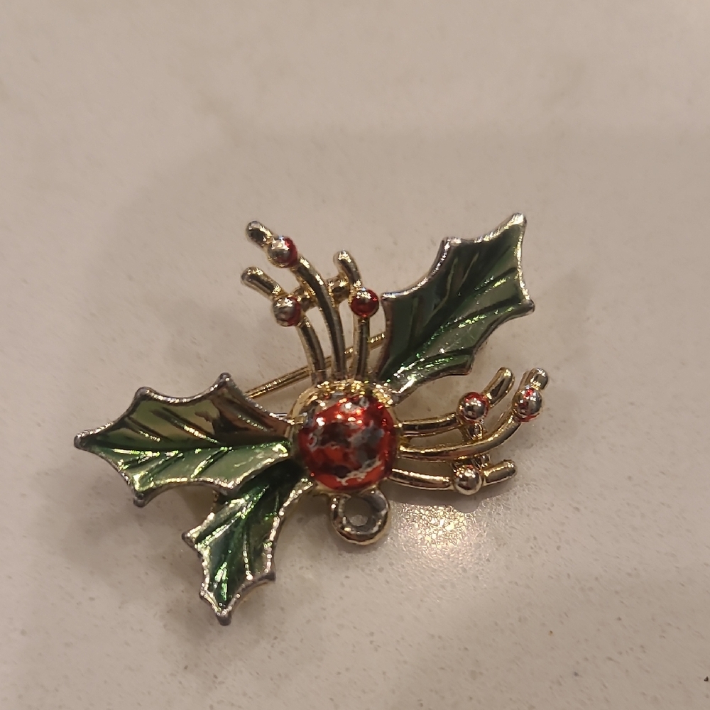 Elegant Holly Leaf Brooch with Red and Green Accents